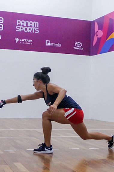  Kelani Lawrence from the US and Paz Muñoz from Ecuador competing in the preliminary round of the racquetball match held at the Callao Regional Sports Village at Lima 2019.