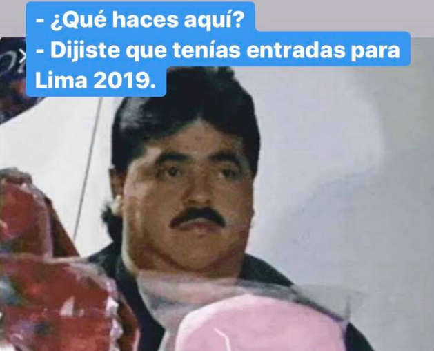 (Parody) A man with candies and flowers at a house doorstep, being asked if he still has tickets for the Lima 2019 Games