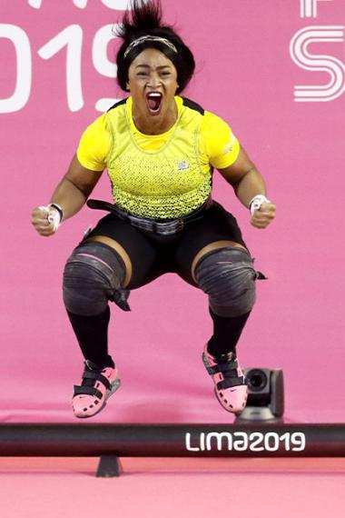 Ecuadorian Tamara Salazar leaps for joy after winning the bronze at Lima 2019