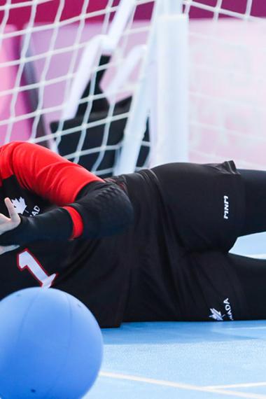 Canadian Maryam Salehizadeh reaches the ball during the goalball match against Peru at the Lima 2019 Parapan American Games in the Callao Regional Sports Village