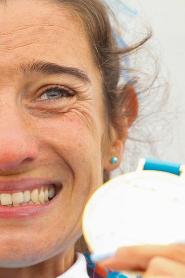 Argentinian Sabrina Ameghino cries after receiving the gold medal in canoe sprint competition at Lima 2019