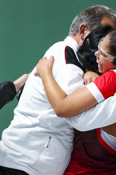 Peruvian Nathaly Paredes and Mía Rodríguez, Lima 2019 bronze-medal winners at Lima 2019 at the Villa María del Triunfo Sports Center