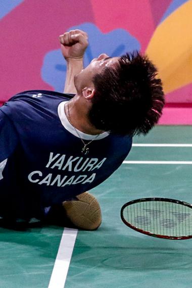 Nyl Yakura de la selección de Canadá obtiene el oro celebra su victoria ante EEUU en la categoría de dobles masculino de bádminton de los Juegos Panamericanos Lima 2019 en la Villa Deportiva Nacional – VIDENA