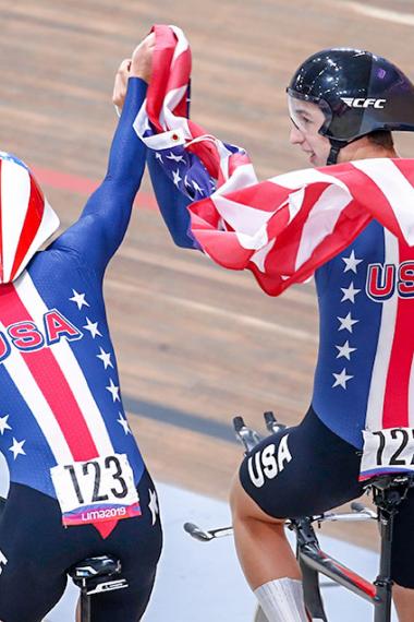 American cycling team celebrate the gold medal in Lima 2019 men’s team pursuit at the National Sports Village (VIDENA)