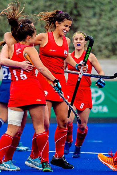 The Chilean hockey team celebrate a goal against the USA in the Lima 2019 hockey match for the bronze medal at the National Sports Village (VIDENA)
