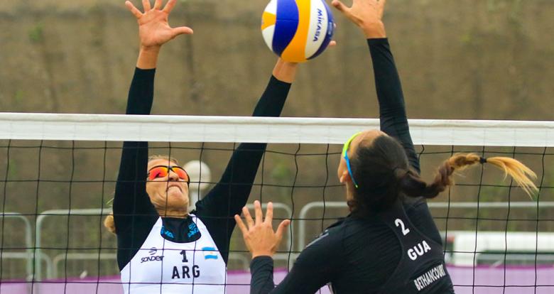 Guatemala’s María Bethancourt attacks the ball - Beach volleyball