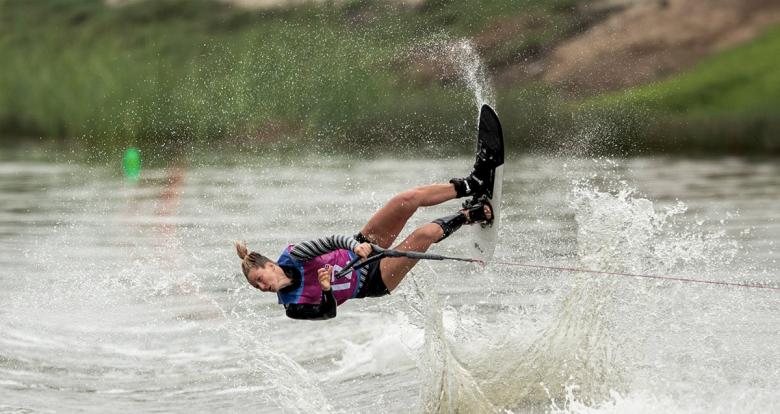 Canadian Whitney McClintock competes in the water skiing event at Laguna Bujama