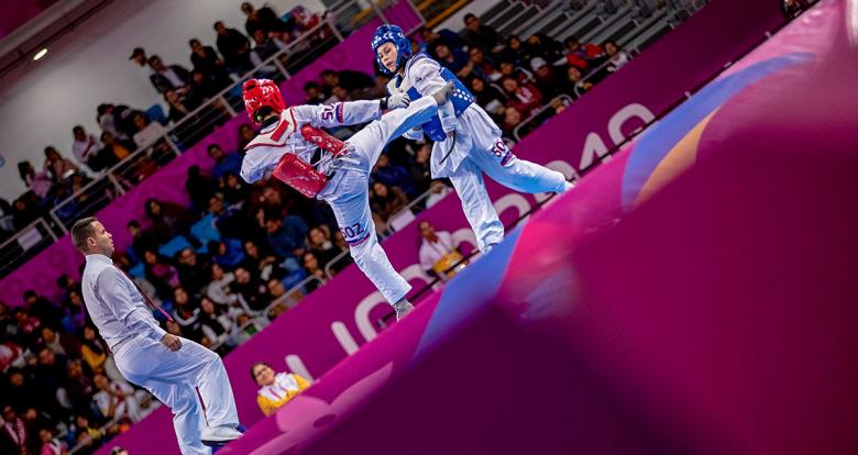 Leylianne Samara from Brazil faces off against Idalianna Quintero from Cuba in women’s Para taekwondo K44 +58 kg at the Callao Regional Sports Village.
