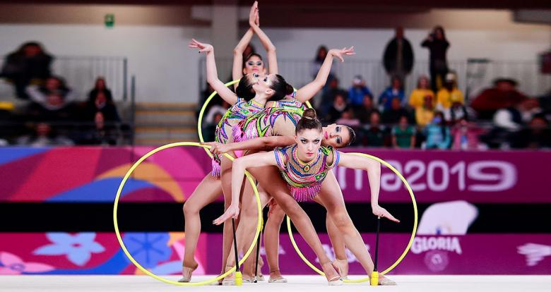 Brazilian gymnasts showing coordination at the Villa El Salvador Sports Center in the Lima 2019 Games