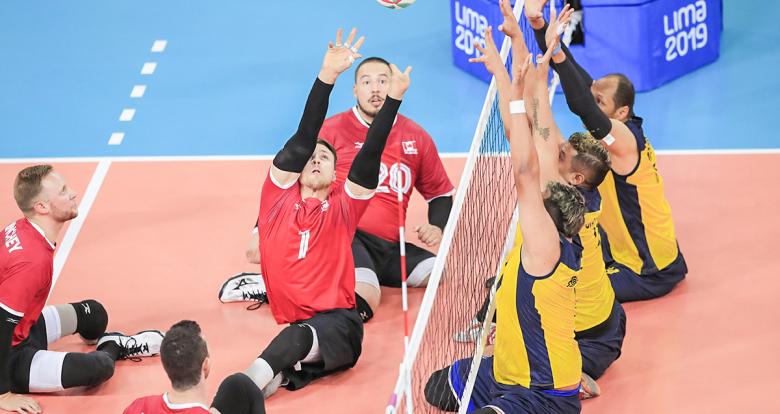 Canadian Jesse Ward focused on the ball in Lima 2019 sitting volleyball match against Colombia held at the Callao Regional Sports Village