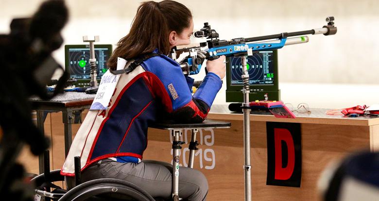 American McKenna Dahl competes in shooting Para sport 10m air rifle prone SH2 at Las Palmas Air Base, at Lima 2019
