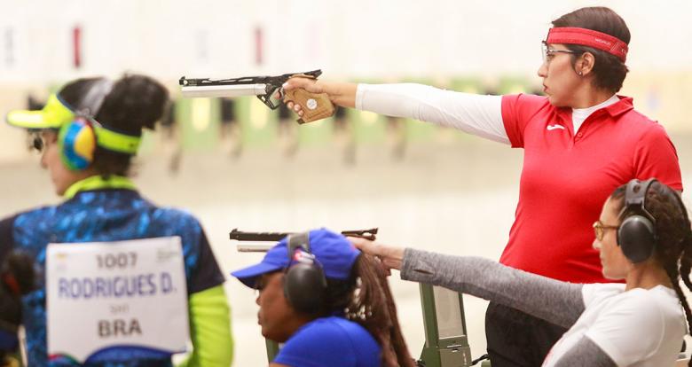 Mexican Dulce Licona competes in shooting Para sport 10m air pistol SH1 at Las Palmas Air Base, at Lima 2019
