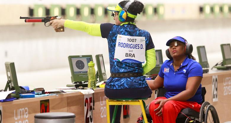 Brazilian Debora Rodrigues takes aim with her air pistol in the shooting Para sport 10m air pistol SH1 competition at Las Palmas Air Base, at Lima 2019