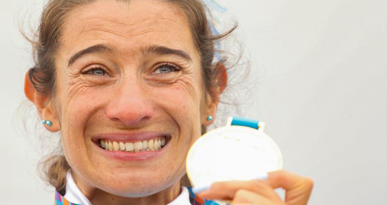 Argentinian Sabrina Ameghino cries after receiving the gold medal in canoe sprint competition at Lima 2019