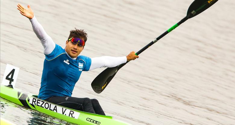 Argentinian Rubén Rezola opens his arms to celebrate third place in K1 men 200m at Albufera de Medio Mundo venue at the Lima 2019 Games 