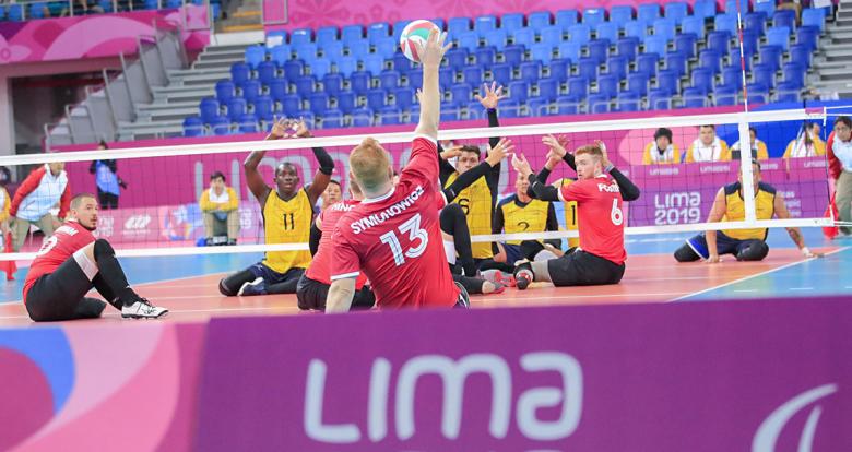 Canadian Dariusz Symonowicz in Lima 2019 sitting volleyball match against Colombia held at the Callao Regional Sports Village