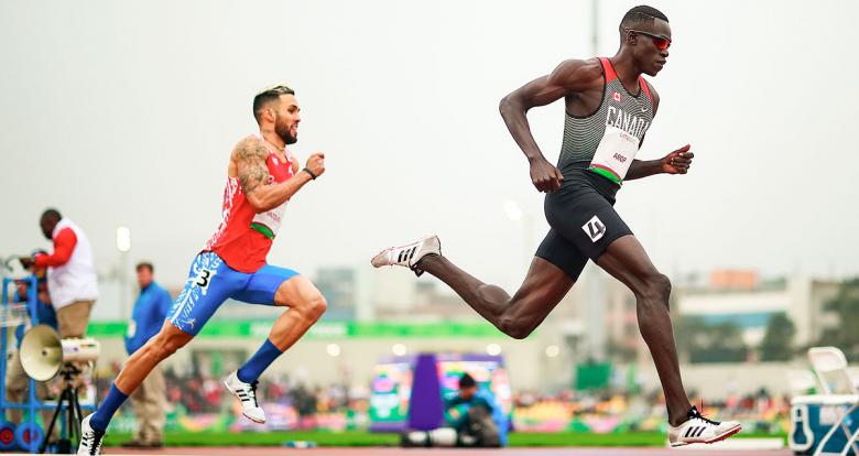 Puerto Rican Wesley Vasquez and Canadian Marco Arop competing in the Lima 2019 men’s 800m athletics event at the National Sports Village (VIDENA)