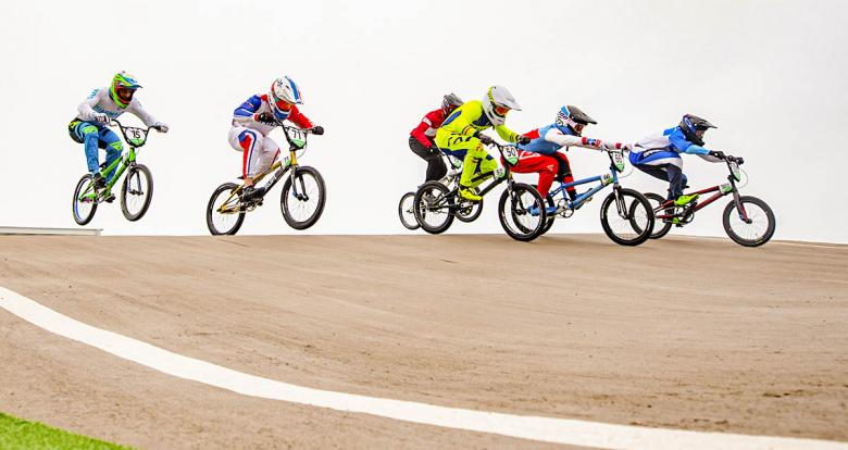 Riders competing in Lima 2019 men’s BMX at Costa Verde San Miguel