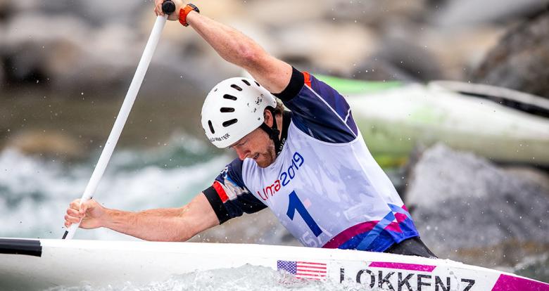 American athlete Zachary Lokken competing at the men’s C1 canoe event in Río Cañete - Lunahuana