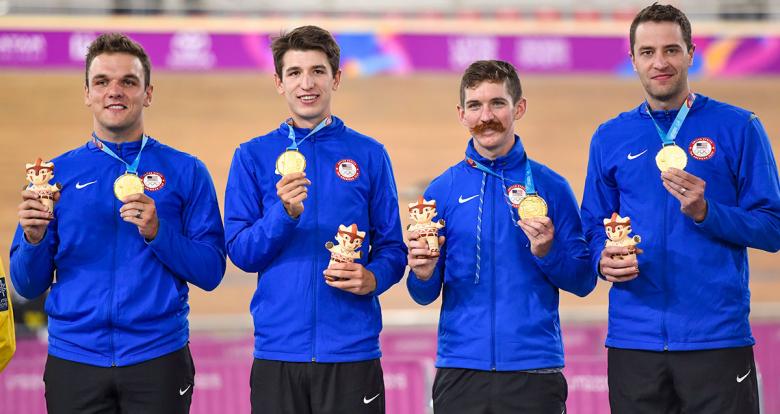 John Croom, Gavin Hoover, Ashton Lambie, and Adrian Hegyvary of the United States’ track cycling team receive gold medals at the Callao Regional Sports Village.
