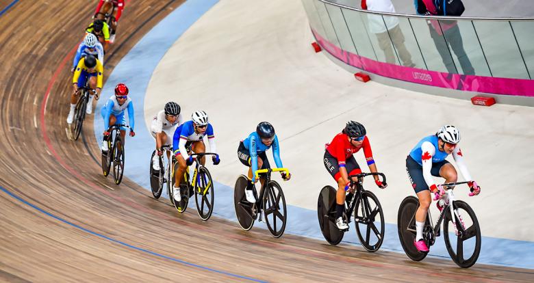 Maggie Coles-Lyster of Canada, Aranza Villalón of Chile and Lina Hernández of Colombia compete in the Lima 2019 track cycling events at the velodrome of the National Sports Village – VIDENA. 