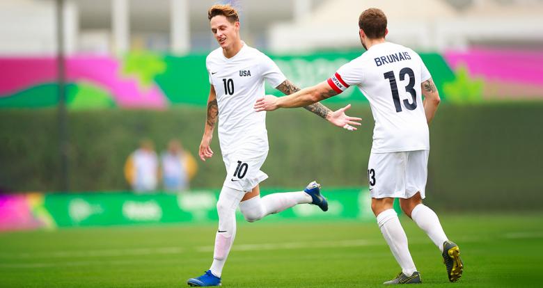 American Nicholas Mayhugh celebrates a goal scored against Venezuela in the match for the football 7-a-side bronze medal at the Villa María del Triunfo Sports Center at Lima 2019.
