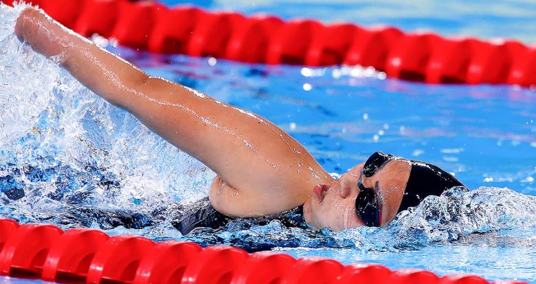 Peru’s Dunia Felices competes in the women’s 200m freestyle S5 Para swimming event at Lima 2019 at the National Sports Village – VIDENA.