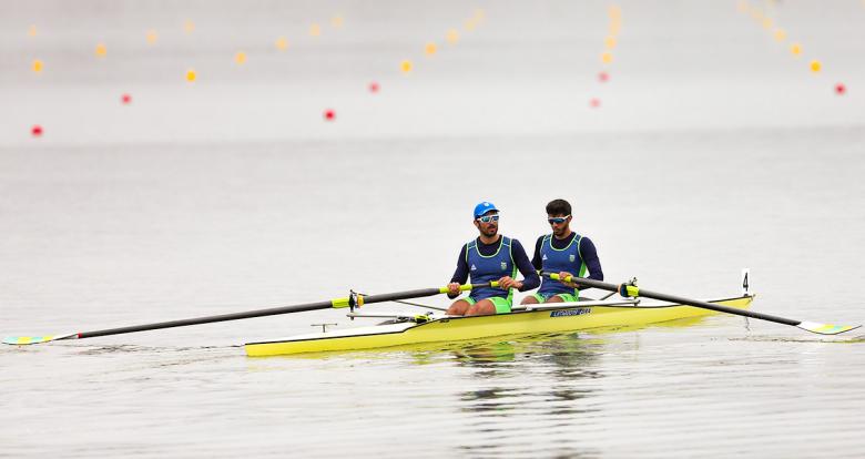 Pau Vela and Xavier Vela from Brazil during the men’s coxless pairs competition at Albufera Medio Mundo – Huacho, Lima 2019 Games. 