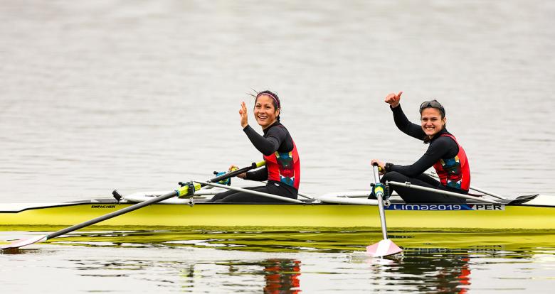 Pamela Noya and Camila Valle from Peru during the Lima 2019 Games rowing competition at Albufera Medio Mundo - Huacho