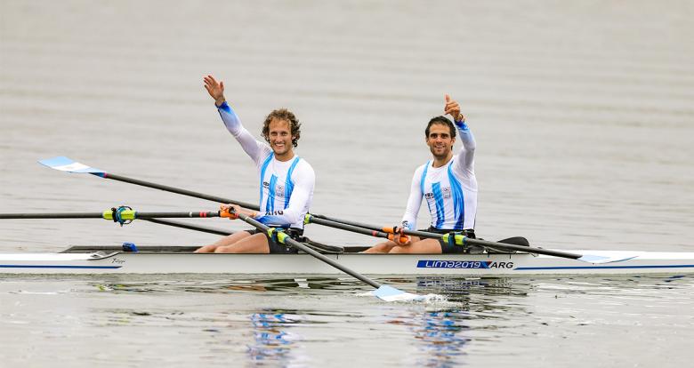 Carlo Lauro and Alejandro Colomino from Argentina happy during the Lima 2019 Games lightweight double sculls at Albufera Medio Mundo - Huacho