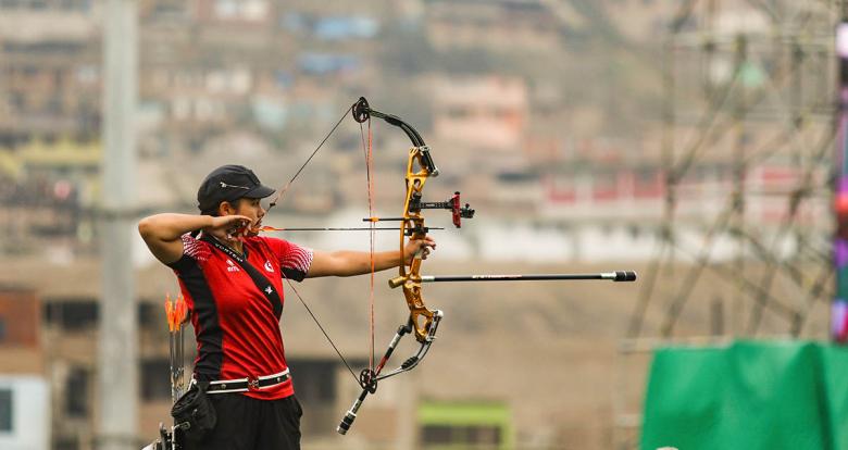 Erin Lameg of Canada participates in the Lima 2019 archery event at the Villa María del Triunfo Venue