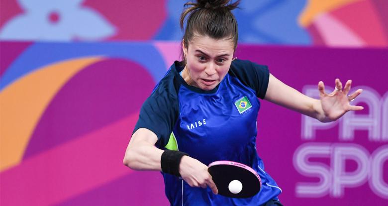 Brazilian Bruna Takahashi hitting the ball during the Lima 2019 table tennis final held at the National Sports Village – VIDENA.