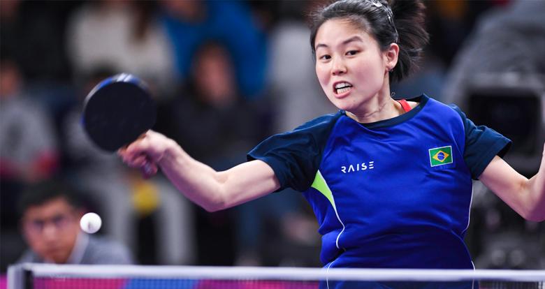 Brazilian Jessica Yamada jumping to hit the ball at the Lima 2019 table tennis match held at the National Sports Village – VIDENA.