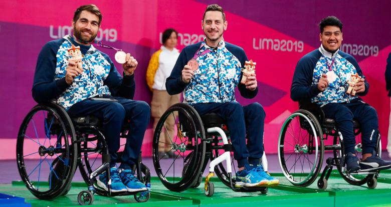 Gabriel Copola, Mauro Depergola and Elías Romero from Argentina proudly posing with their bronze medals in Lima 2019 Para table tennis team competition, held at the National Sports Village - VIDENA