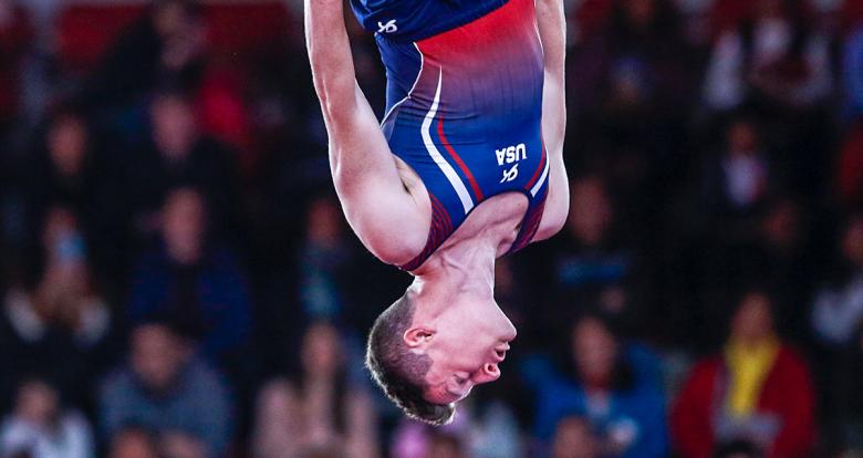 Jeffrey Gluckstein jumping on the trampoline during the men’s individual final at the Lima 2019 Games held at the Villa El Salvador Sports Center