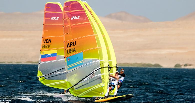 Mack van den Ereenbeemt from Aruba and Bautista Saubidet from Argentina participating in Lima 2019 sailing competition held at the Paracas Bay