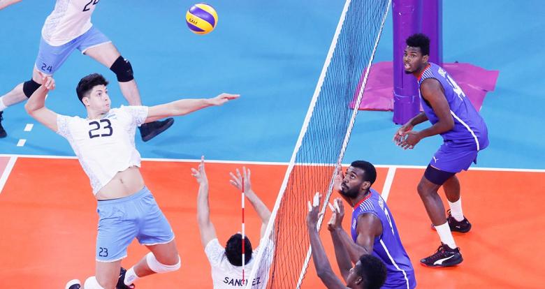 Argentinian volleyballer Joaquin Gallegos doing a spike against Cubans in the volleyball final match at Callao Regional Sports Village at Lima 2019 Games