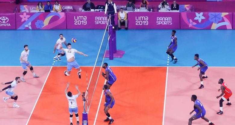 Argentinian volleyball players plays against Cuba the volleyball final match for the first place at Callao Regional Sports Village in Lima 2019 Games