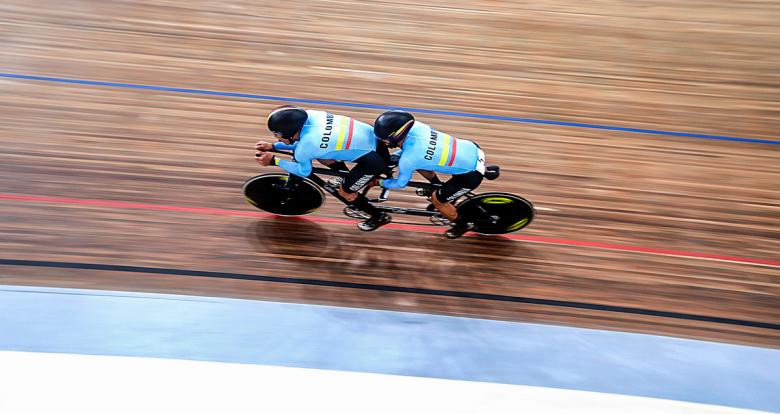 Colombia’s Nelson Serna and his pilot Marlon Perez competing in Para cycling track at the National Sports Village – VIDENA, Lima 2019