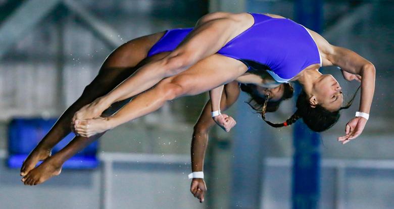 Anisley García and Arlenys García from Cuba in the Lima 2019 10 m synchronized diving competition at the National Sports Village – VIDENA.