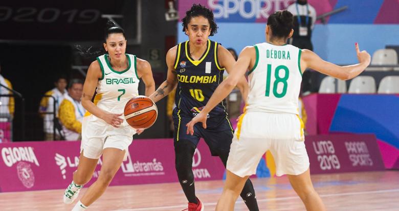 Colombian Mabel Martínez goes up against Brazilians Patricia Teixeira and Débora Fernandes in the Lima 2019 women’s basketball game at the Eduardo Dibós Coliseum.