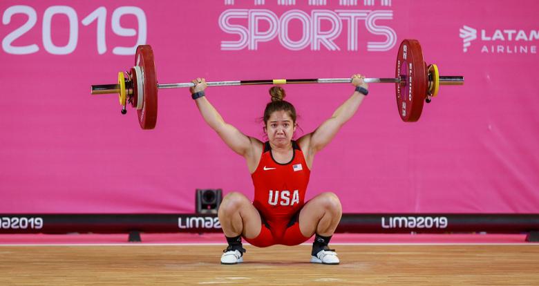 Jourdan Delacruz from the USA competes in the women’s 55 kg weightlifting event, held at the Chorrillos Military School at the Lima 2019 Games.	