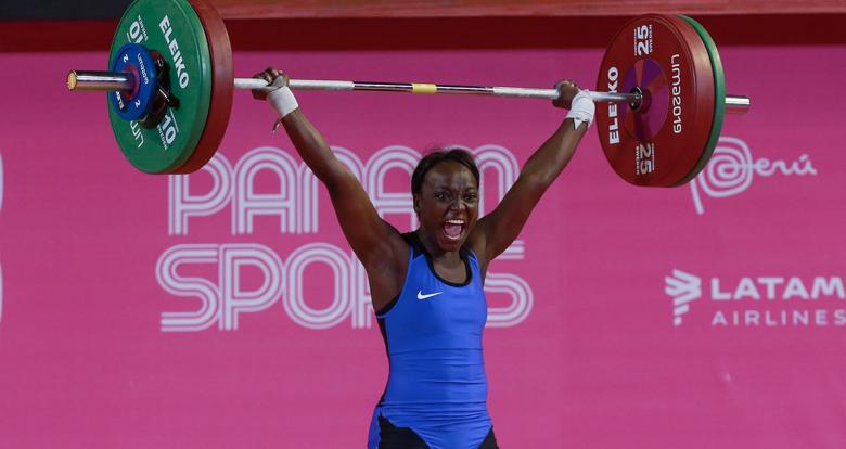 Yenny Sinisterra from Colombia competes in the women’s 55 kg weightlifting event at the Chorrillos Military School at Lima 2019.	