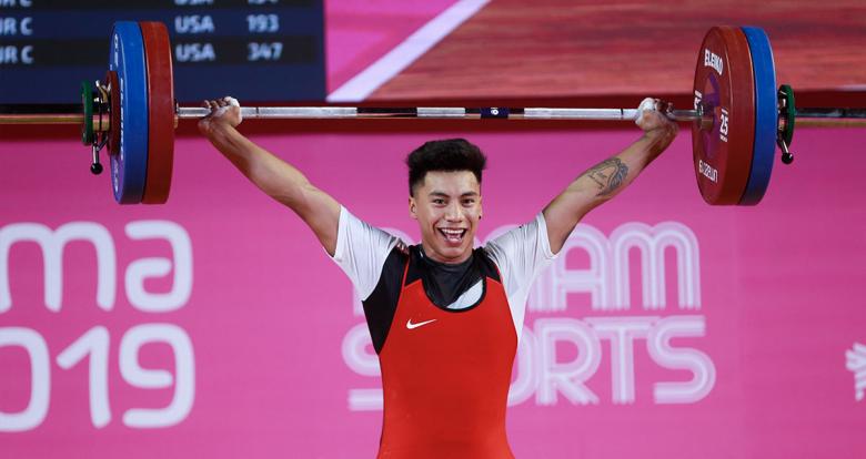 Peruvian Santiago Villegas competes in the men’s 73 kg weightlifting competition held at the Chorrillos Military School at Lima 2019.	