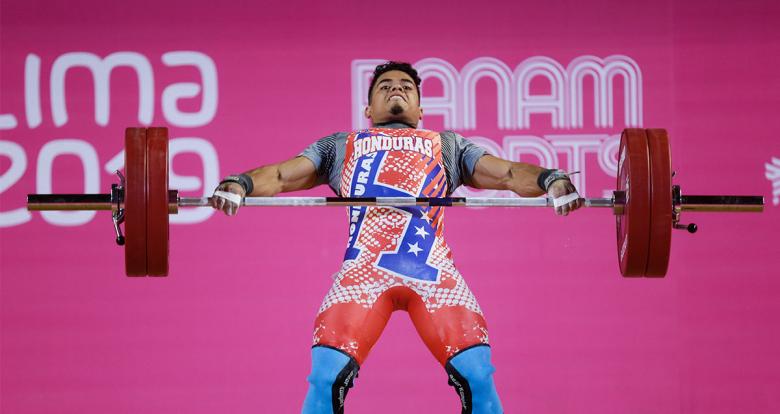 Honduran Jorge Hernandez competes in the men’s 73 kg weightlifting event at the Chorrillos Military School at Lima 2019.	