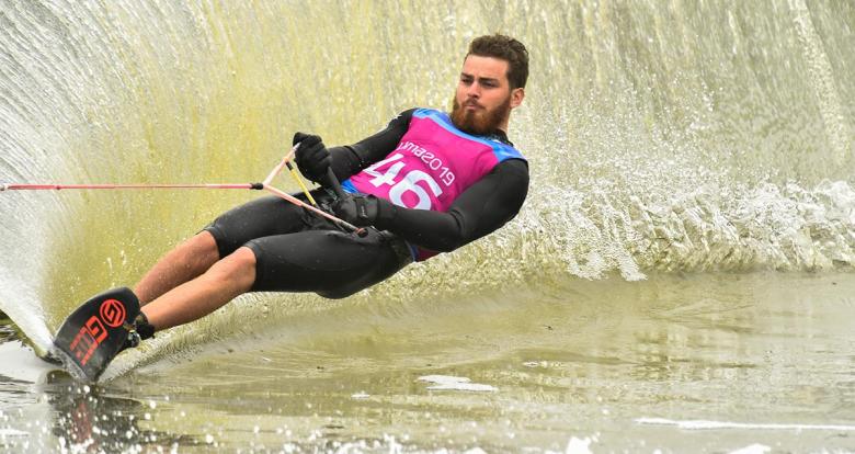 Taylor Garcia from the US during the Lima 2019 water ski competition at Laguna Bujama.
