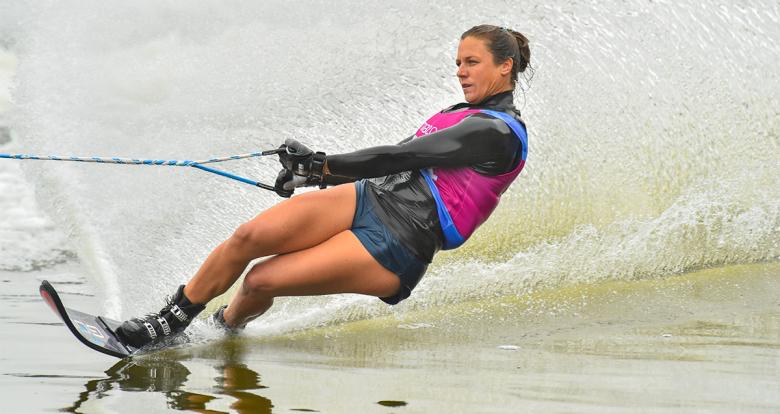 Regina Jaquess from the United States slides across the water during the Lima 2019 water ski competition at Laguna Bujama.