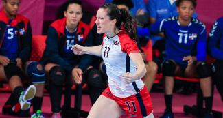 USA athlete celebrates with joy a point against Dominican Republic