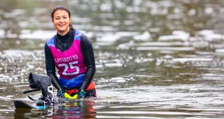 Daniela Verswyve smiles after the water ski competition