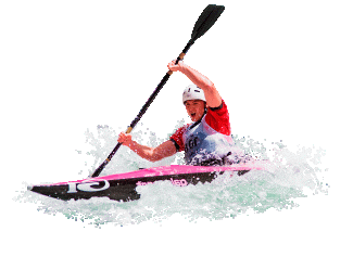 Paddler in his kayak tries to pass the obstacles in an extreme canoe slalom championship. 